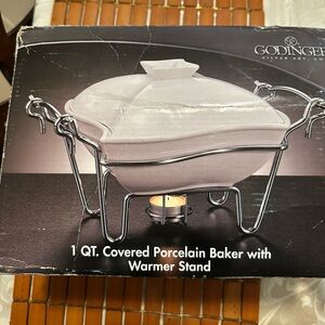 Godinger White Porcelain Baker Dish&Lid 1 Quart, w/Metal Warming Stand EUC